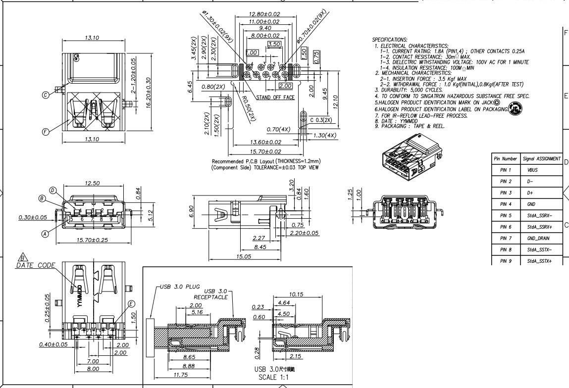 0连接器 9p af母座 沉板 usb充电接口