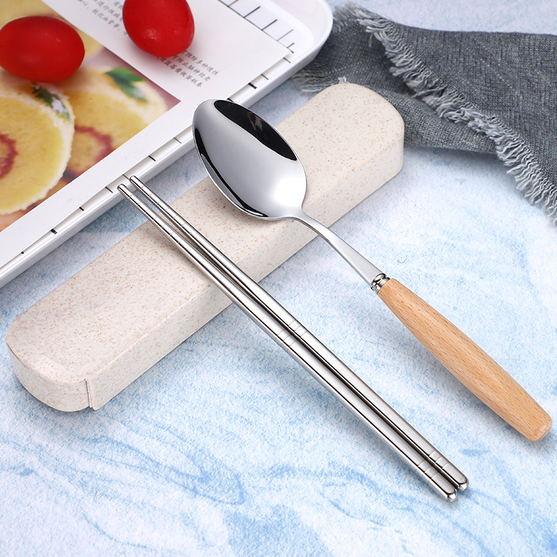 创意榉木柄不锈钢餐具套装儿童勺子便携餐具学生勺筷两件套礼品