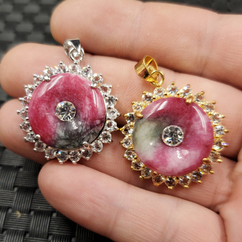 玉石桃花玉扣挂件粉色玉石扣吊坠镶钻项链坠