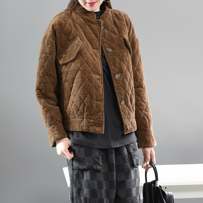 秋冬新款复古灯芯绒加厚棒球领外套冬款女夹棉短袄条绒棉衣棉服