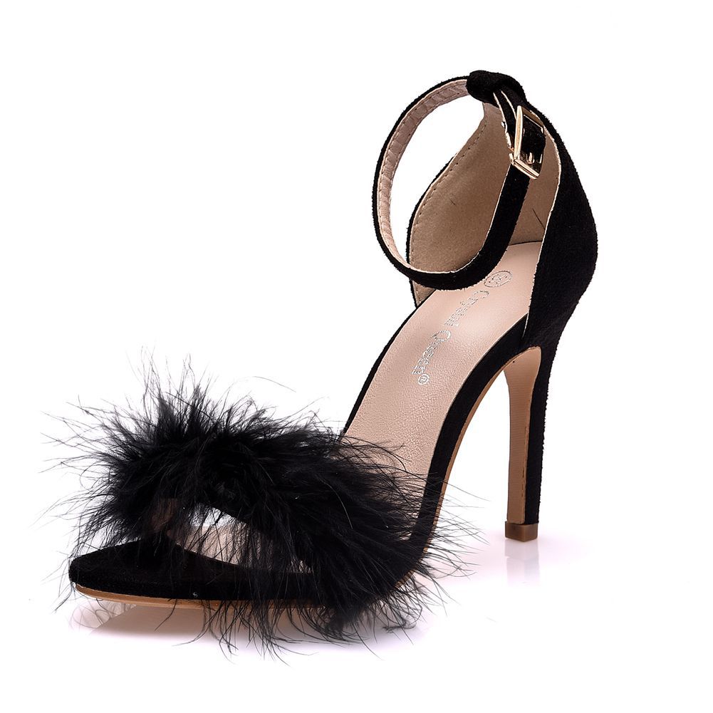 羽毛性感罗马高跟凉鞋细跟露趾罗马凉鞋女红色高跟鞋黑色42码