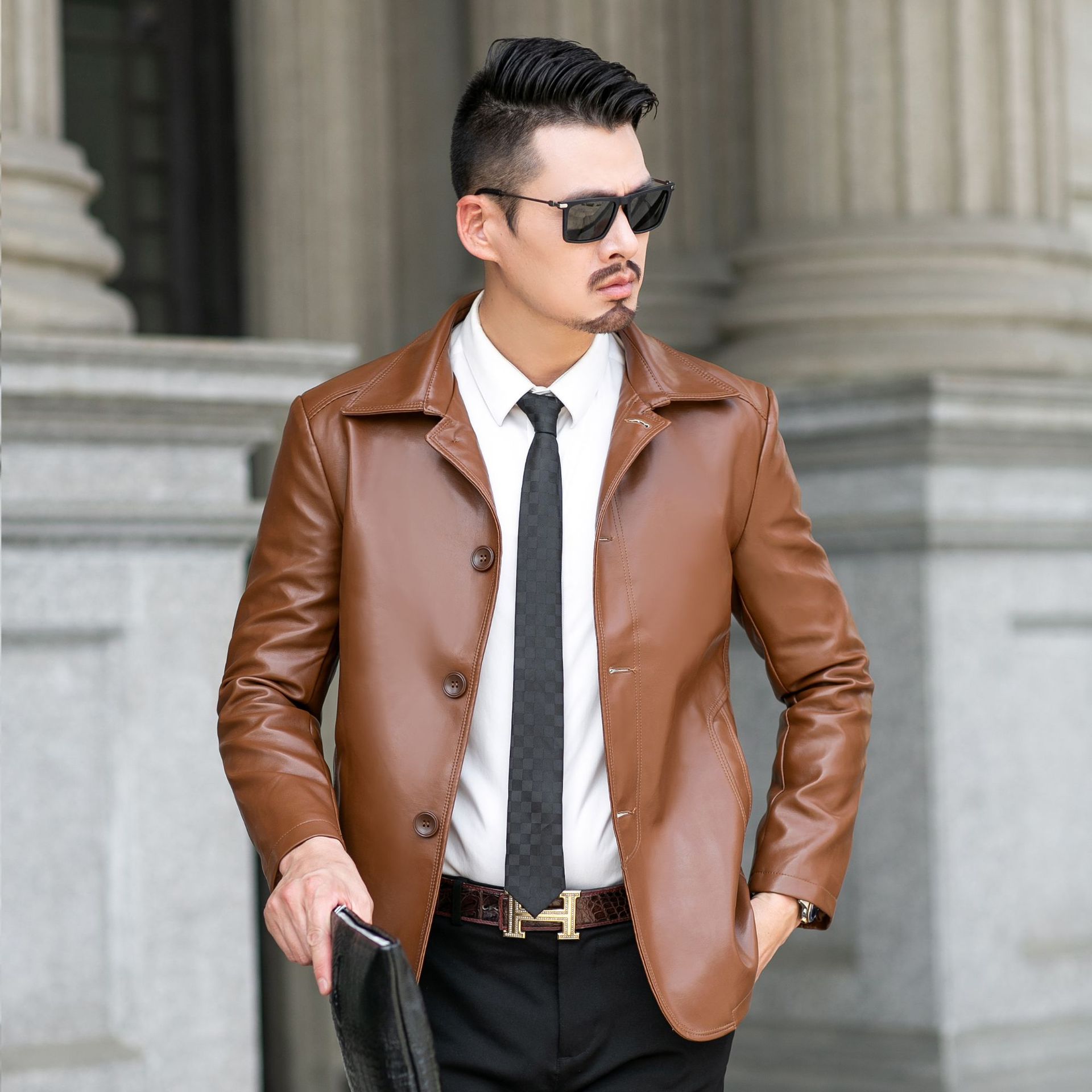 男士皮衣4排扣翻领男秋春新款男装pu外套休闲外衣柔软皮衣跨境