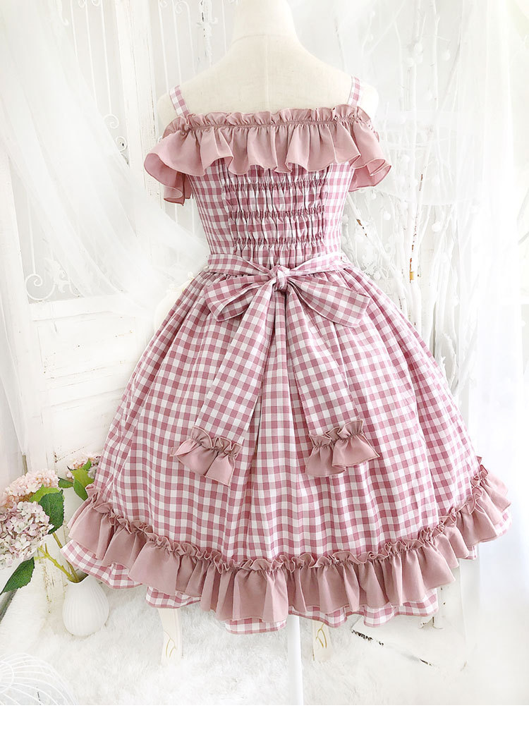 现货 格子jsk吊带 一件代发洛丽塔蕾丝蝴蝶结lolita连衣裙
