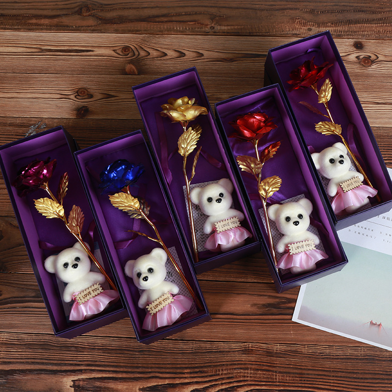 创意礼品玫瑰花小熊仿真金箔花礼盒七夕情人节礼物赠品小礼品批发
