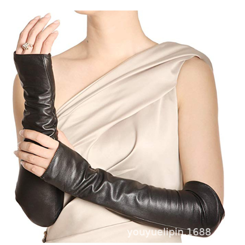 厂家定制 韩版加长款触屏仿羊皮手套 冬季保暖手臂皮套假袖子