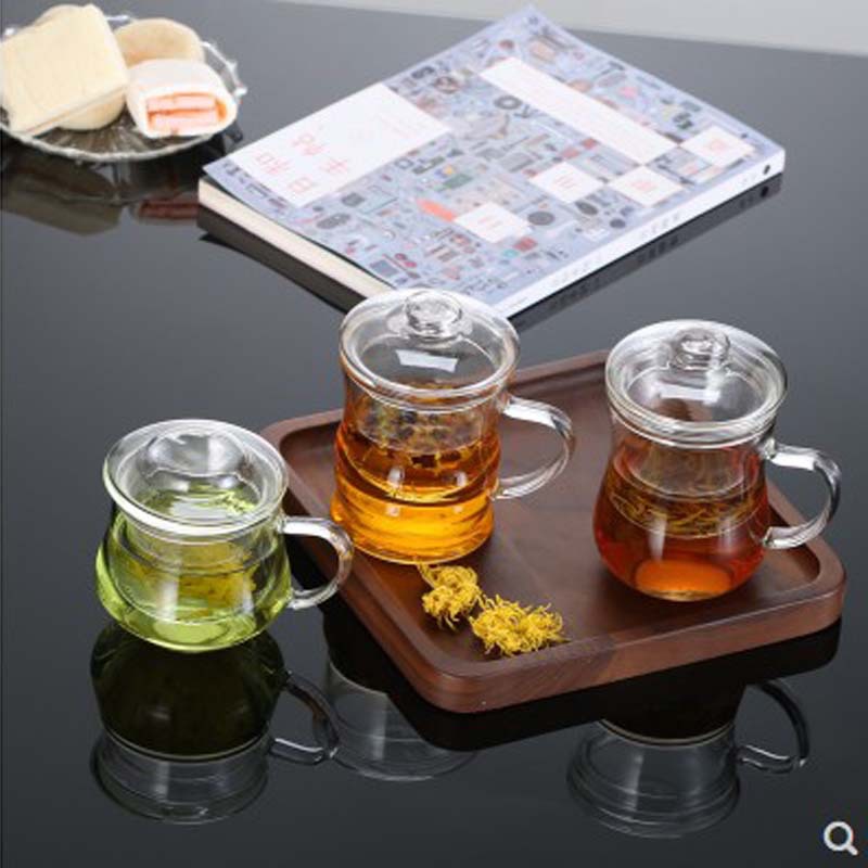 Glass Three-Piece Water Cup Heat-Resistant High Temperature with Cover Strain Liner Office Tea Cup