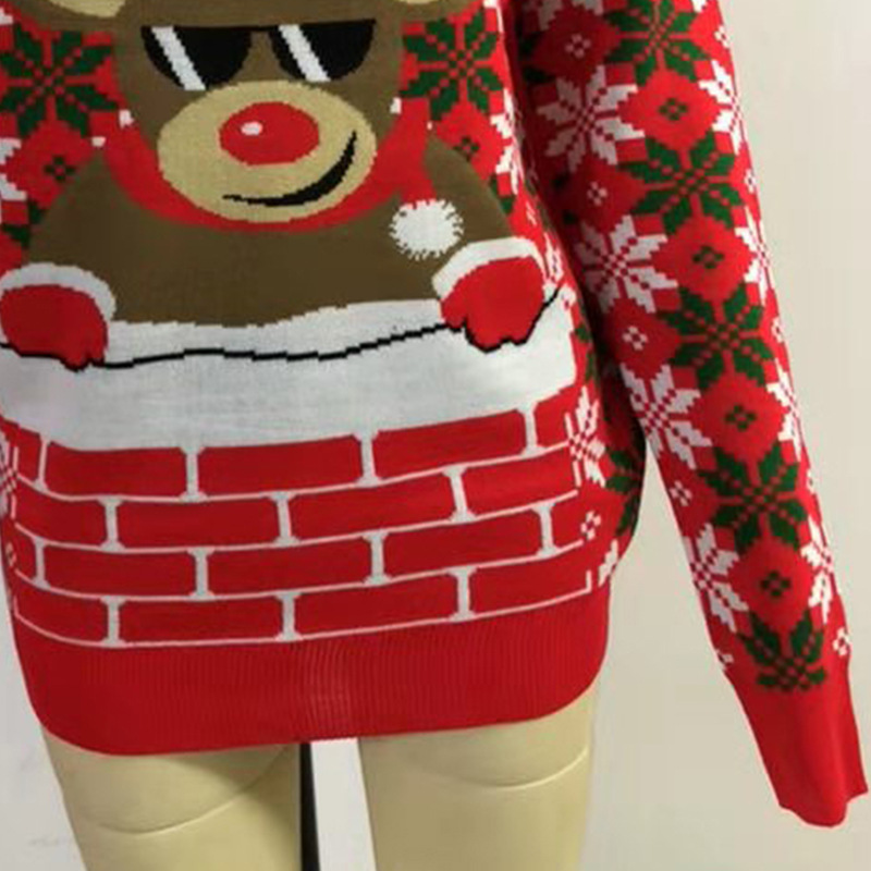 Foreign Trade European and American Export Christmas Sweater Women's Autumn and Winter Elk Knitted Sweater Christmas Red Brocade Sweater