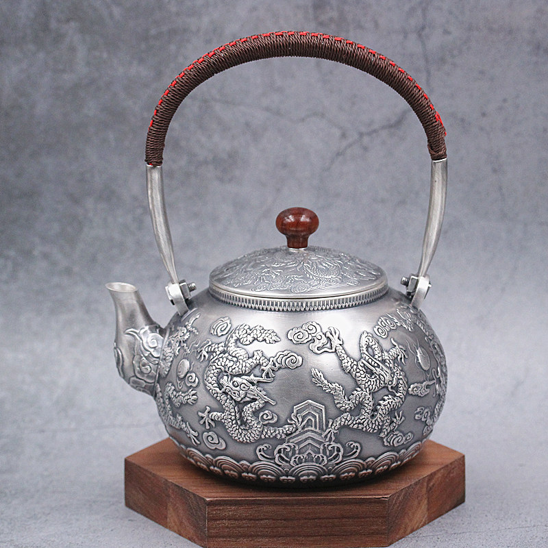 良平银饰银壶足银999烧水茶壶一张打手工九龙戏珠结绳提梁银壶