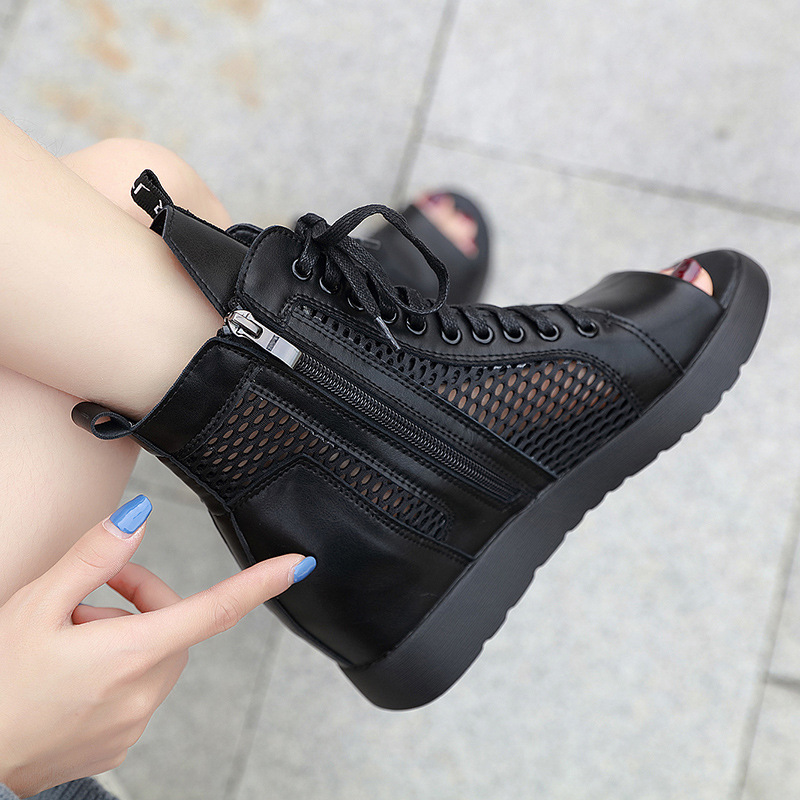 春秋季新款罗马鱼嘴凉鞋时尚网面绑带凉靴子女