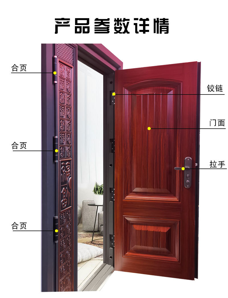 家用甲级防盗仿铜压模子母门系列防晒防撬门单门进户入户门标准门