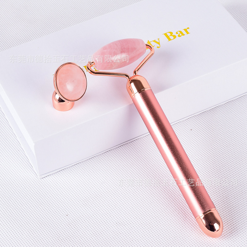玉石震动棒 粉晶电动滚轮按摩 一杆两头刮脸棒震动棒粉晶滚轮套装