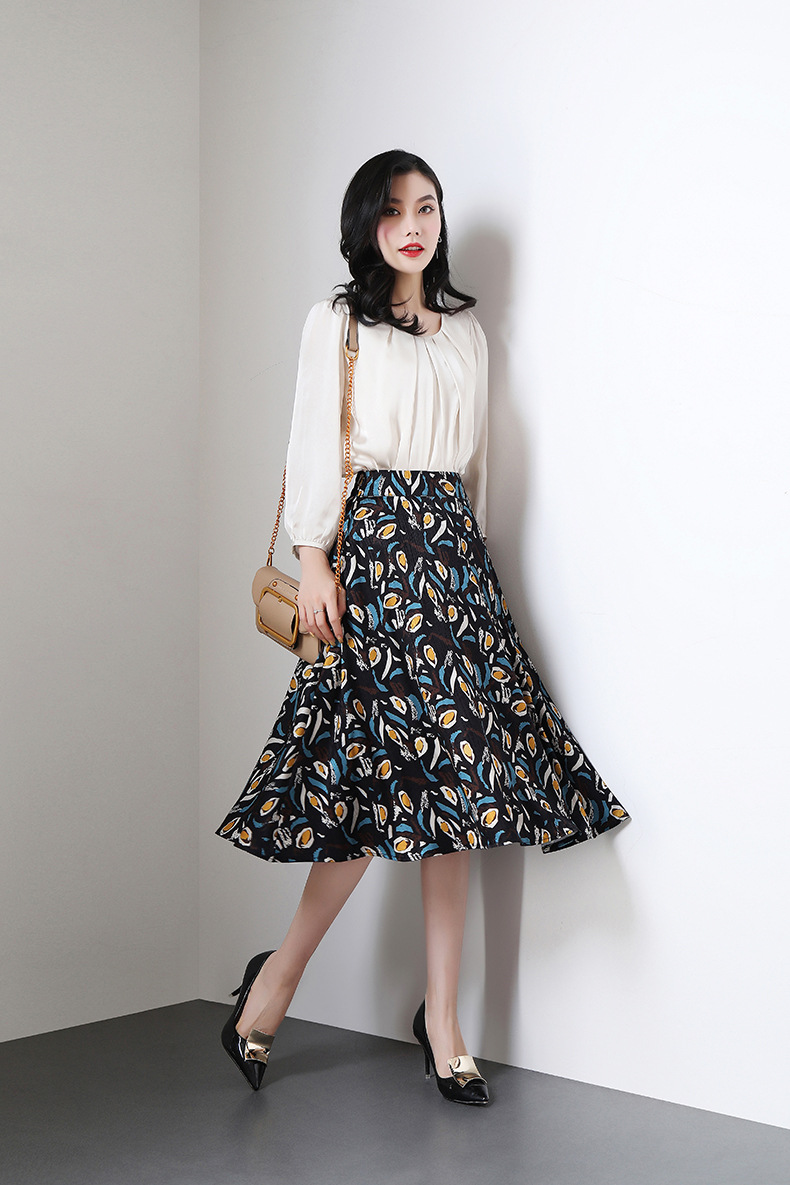 碎花雪纺半身裙女2019春夏新款 高腰印花沙滩裙大码a字裙大摆伞裙