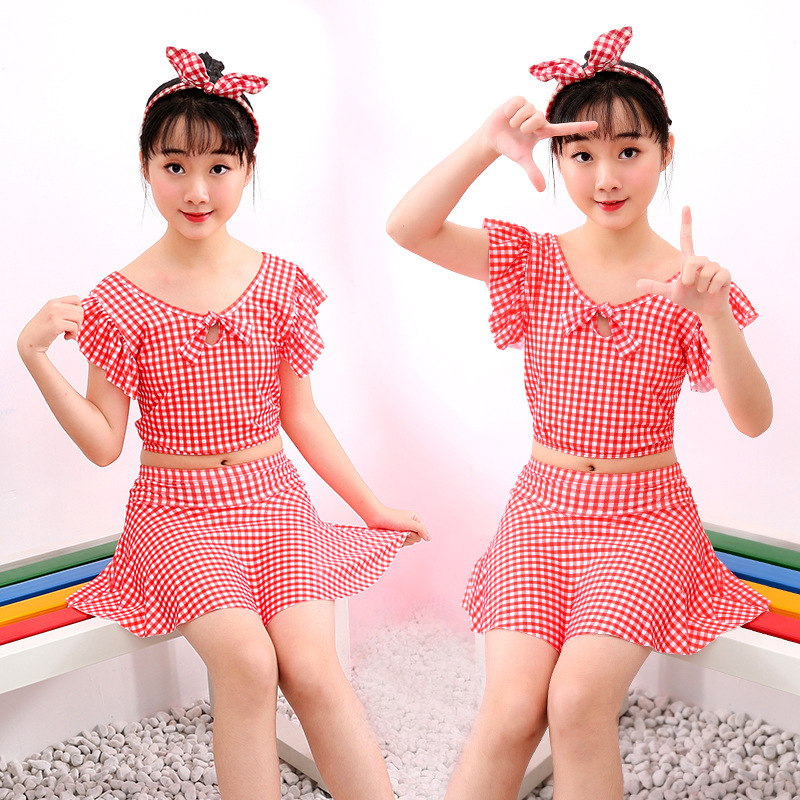 中学生女童分体游泳衣 复古格子女生小女孩保守可爱泳装批发查看详情