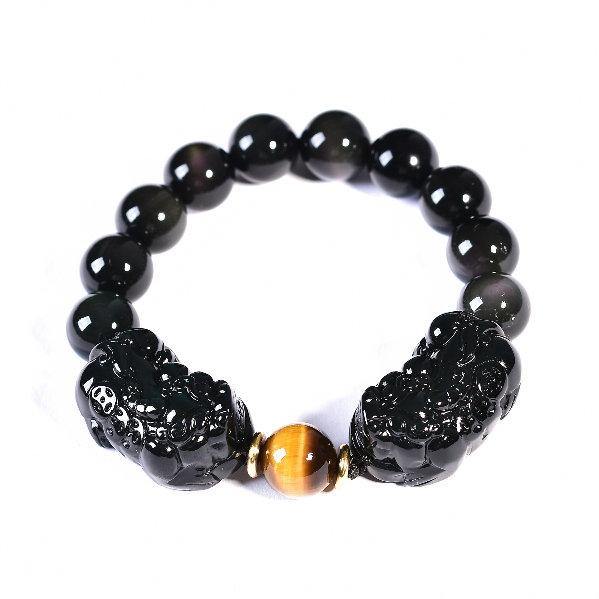 天然金曜石彩虹眼黑曜石银曜石双貔貅男女款手链手串饰品批发