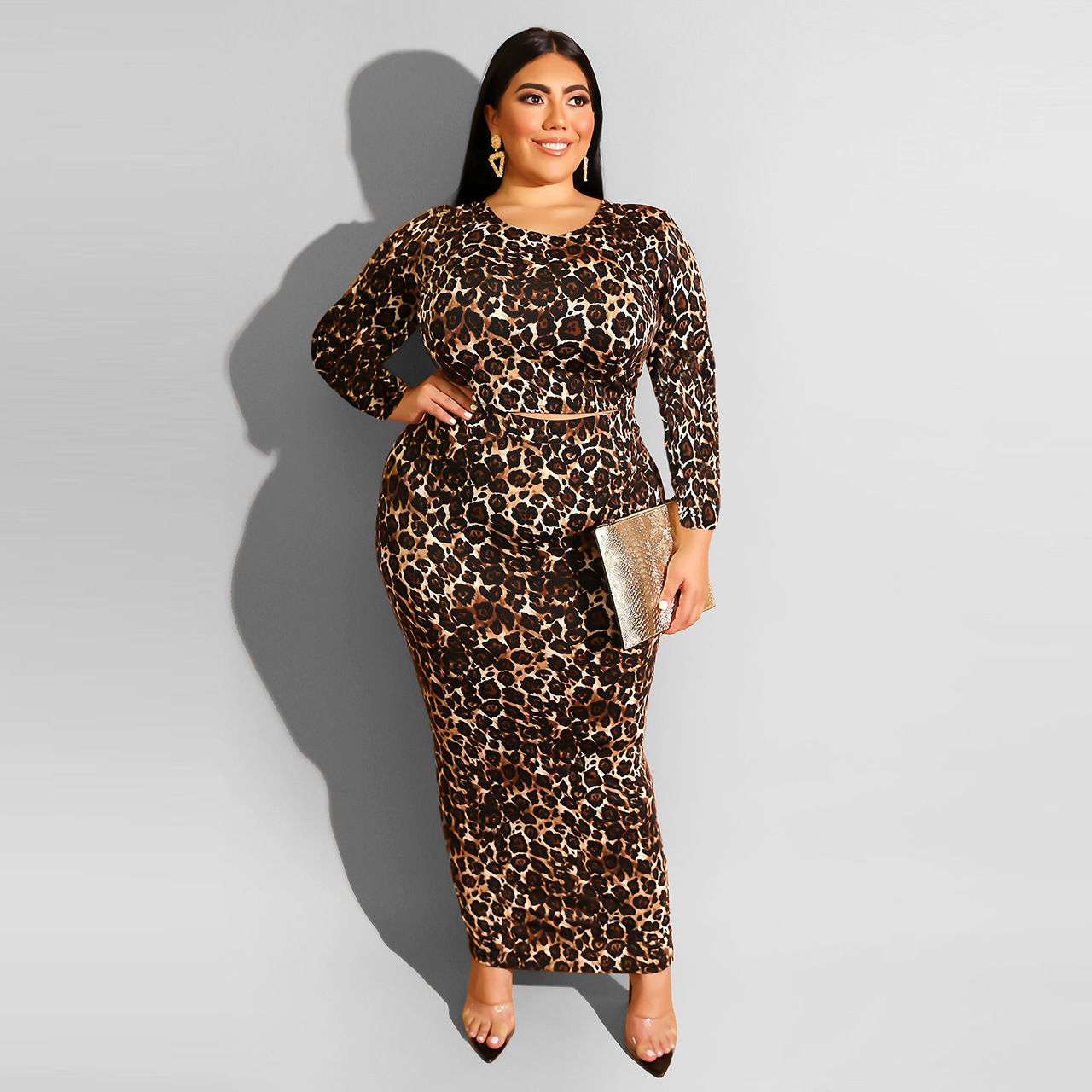 j5065 现货 大码 欧美大码女装 豹纹长袖时尚大码 两件套