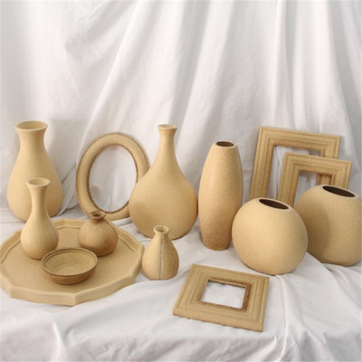 北欧ins复古 木粉压制粗胚花瓶毛坯相框做旧八角盘花器民宿装饰