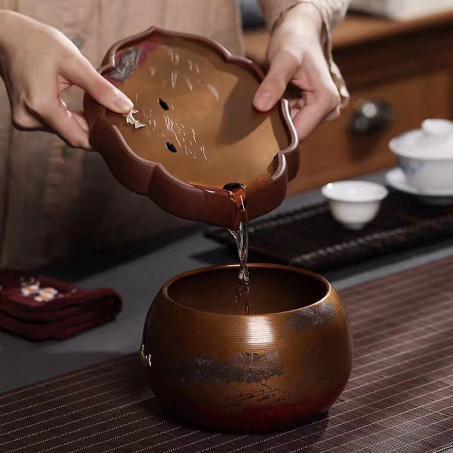纯铜建水雕刻嵌银建水茶洗水盂渣桶复古壶承茶水桶功夫干泡碗茶