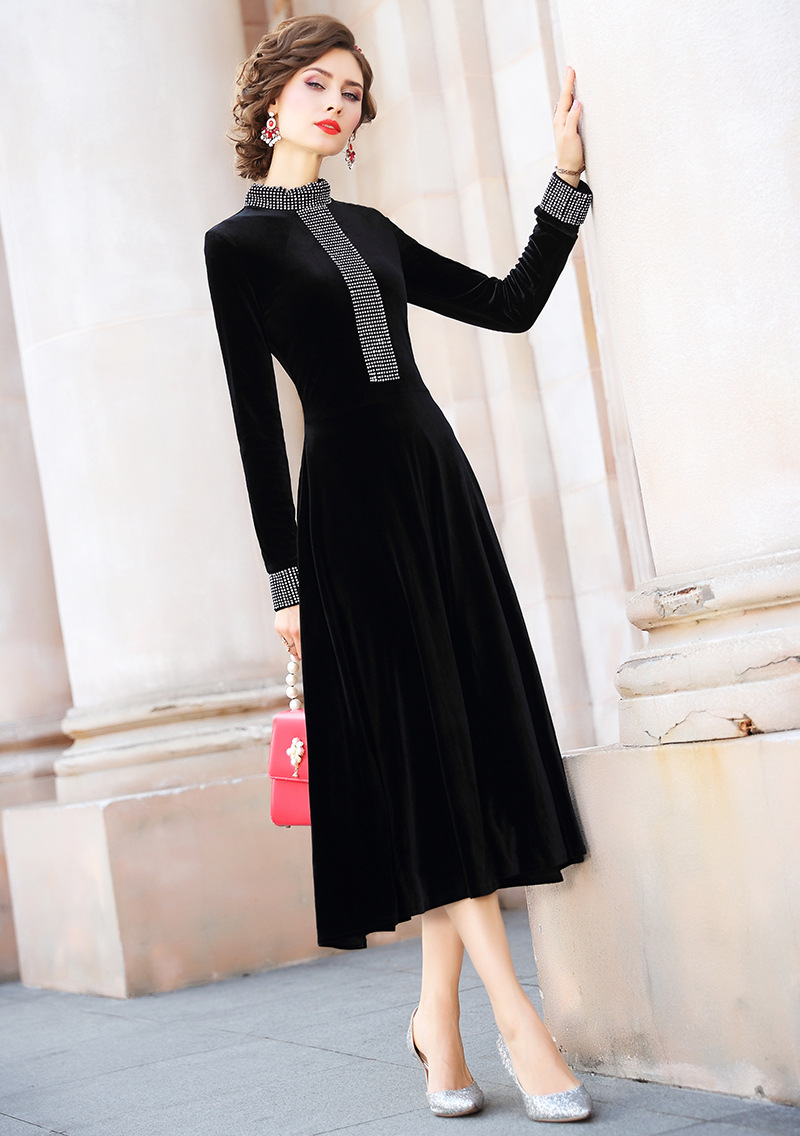 菲梦伊长裙子女2019新款秋装钉珠黑色金丝绒修身a字裙连衣裙26356