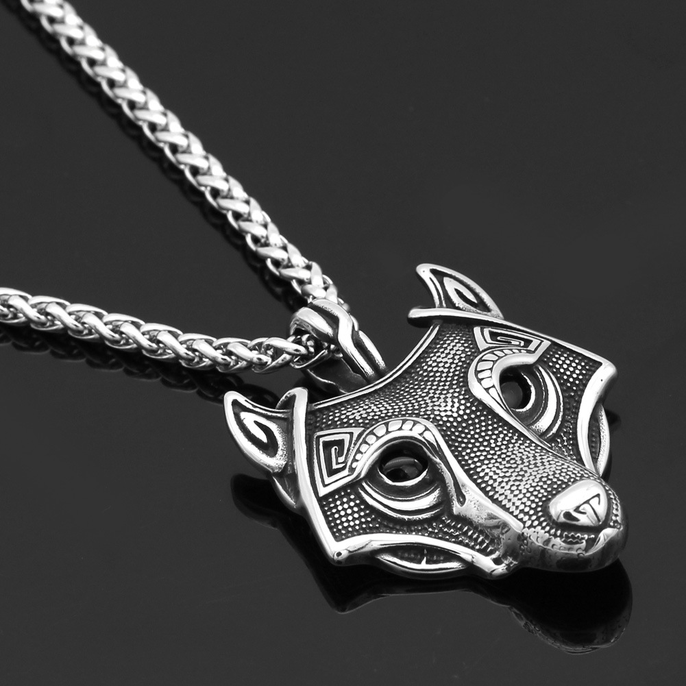 跨境爆款不锈钢维京奥丁凯尔特狼头复古钛钢吊坠项链长款男士饰品