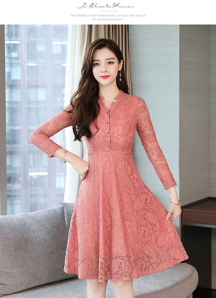 实拍2019新款女装韩版立领长袖蕾丝连衣裙修身显瘦中长款a字裙
