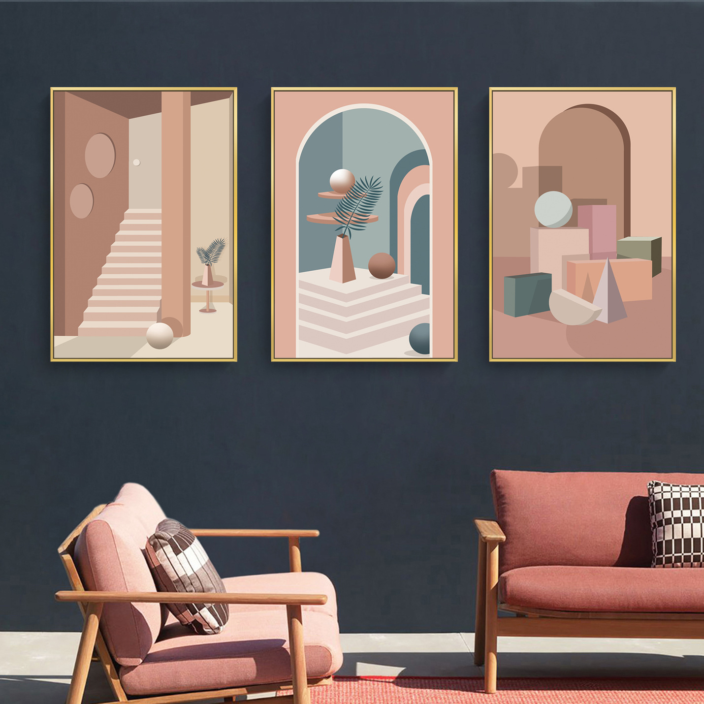 莫兰迪色装饰画 几何建筑地中海风景酒店轻奢挂画批发厂家直销