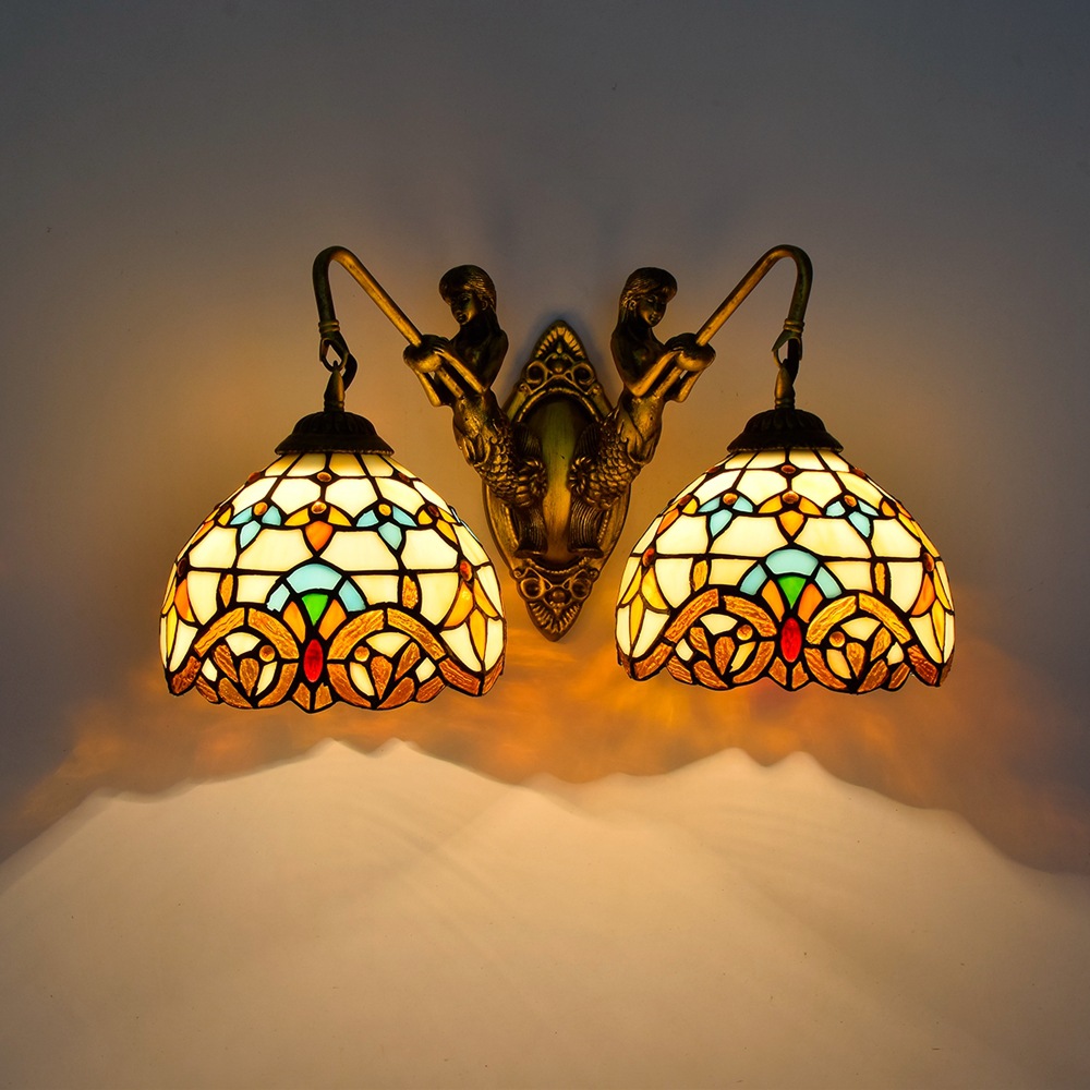 欧式复古美人鱼走廊双头壁灯巴洛克彩色玻璃客厅餐厅酒吧琉璃灯