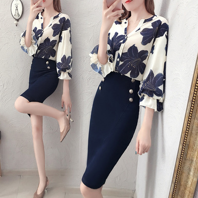 2019早春季新款时尚印花雪纺衬衫两件套夏装洋气名媛包臀套装裙女