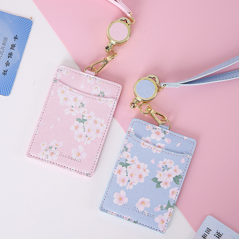 Korean-Style Retractable Lanyard Card Cover PU Leather Student ID Card Holder Meal Card Set Bus Card Package Student ID Card Card Clamp