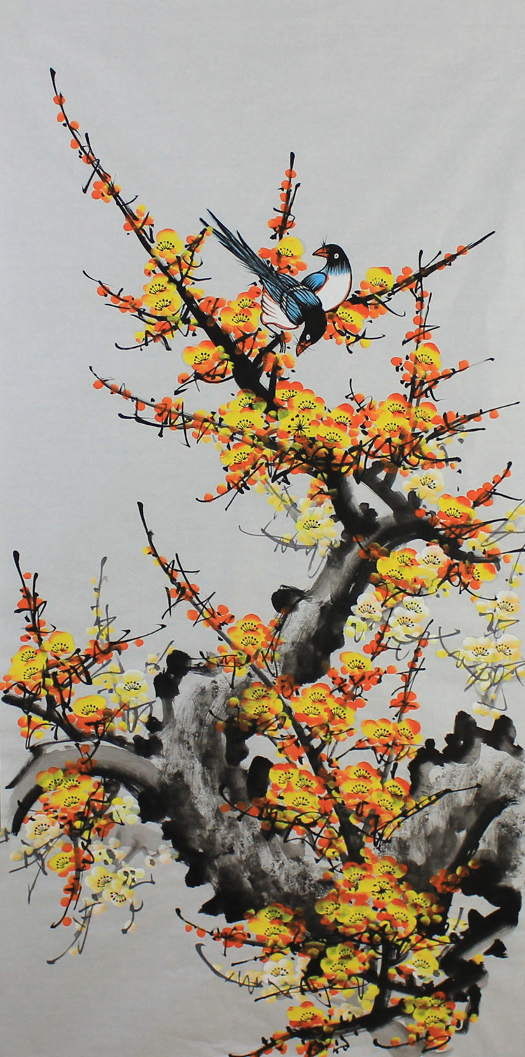 纯手绘花鸟画国画梅花梅开五福客厅走廊玄关风水画一件发字画批发