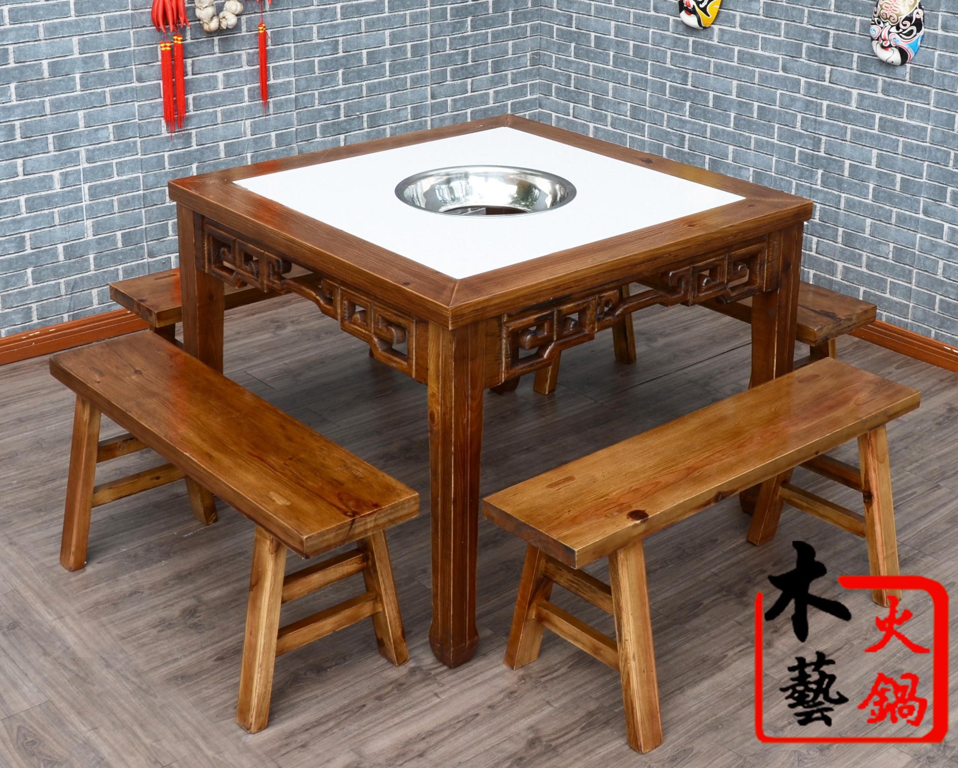 大理石火锅桌椅串串重庆火锅电磁炉液化灶实木柜式雕花做旧火锅桌