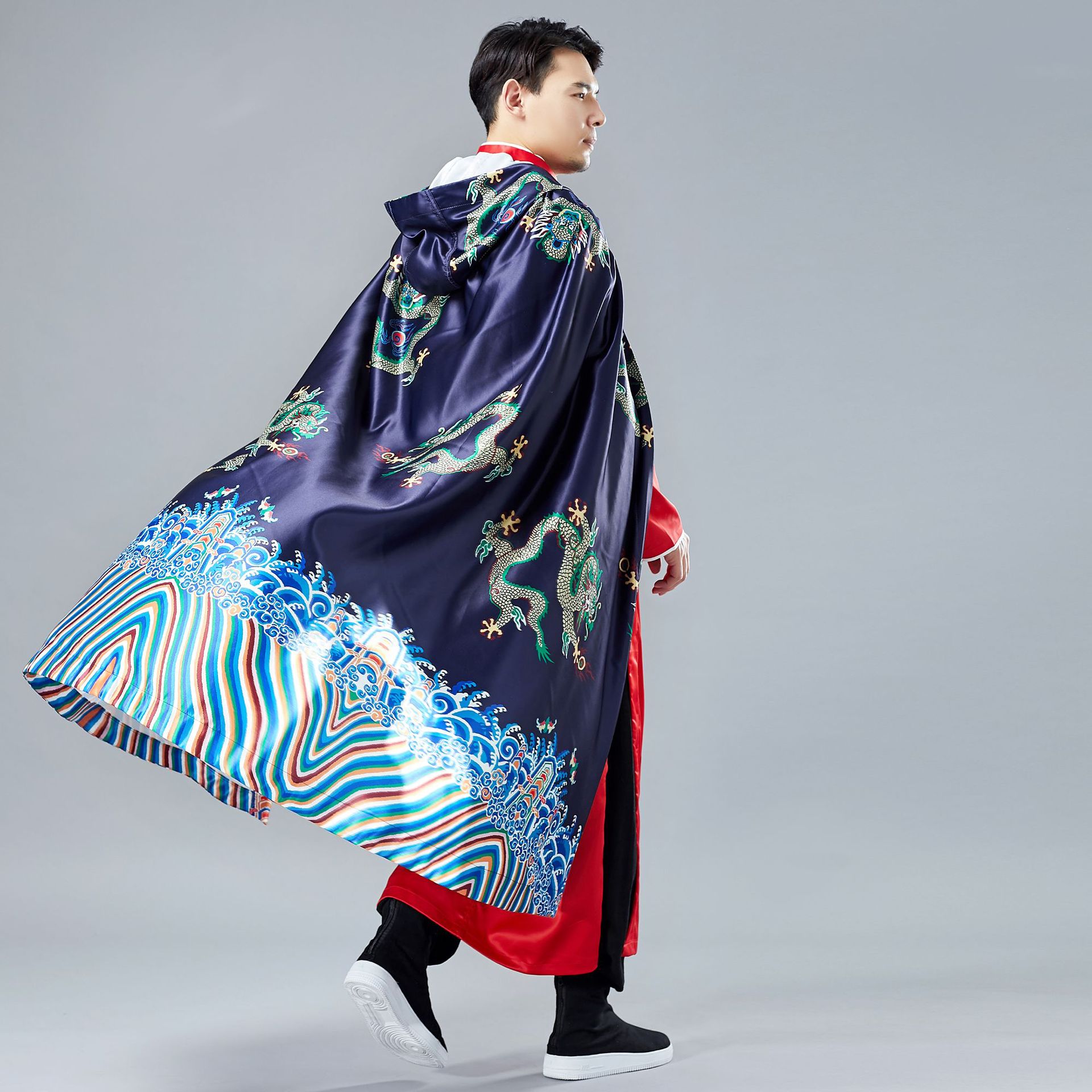 复古麻凡小龙斗篷中国风连帽斗篷披风春季加长款汉服男装 古风