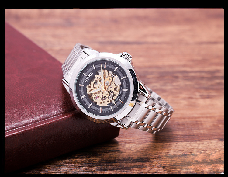 byino 简约男士机械表镂空钢带时钟夜光防水手表男上弦自动手表