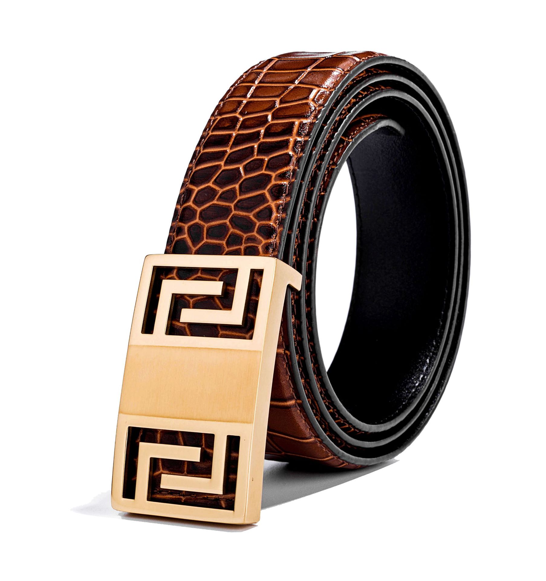男士钢扣头真皮腰带 高端品质 原版鳄鱼纹进口头层牛皮平滑扣皮带