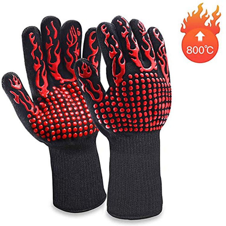 Amazon High Temperature Resistant BBQ Anti-Hot Gloves Flame Retardant Barbecue Baking Heat Insulation Gloves Oven Silicone Knitted Gloves