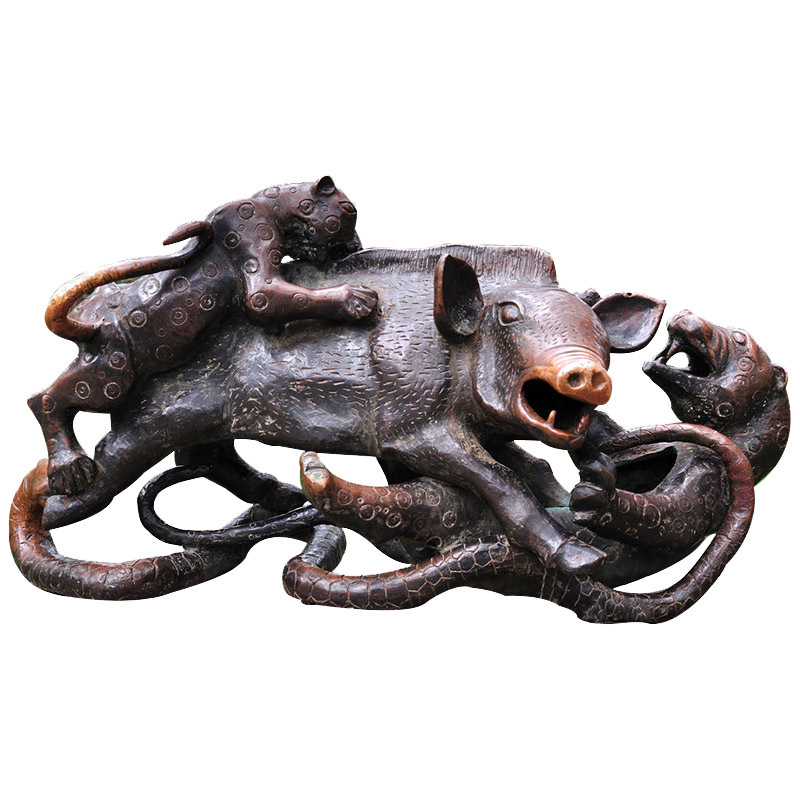 玻璃钢仿铜二豹噬猪雕塑 仿真动物猪豹子雕塑 户外园林景观摆件