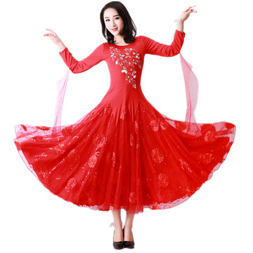 交谊舞服装华尔兹连衣裙长袖摩登舞舞蹈服长裙