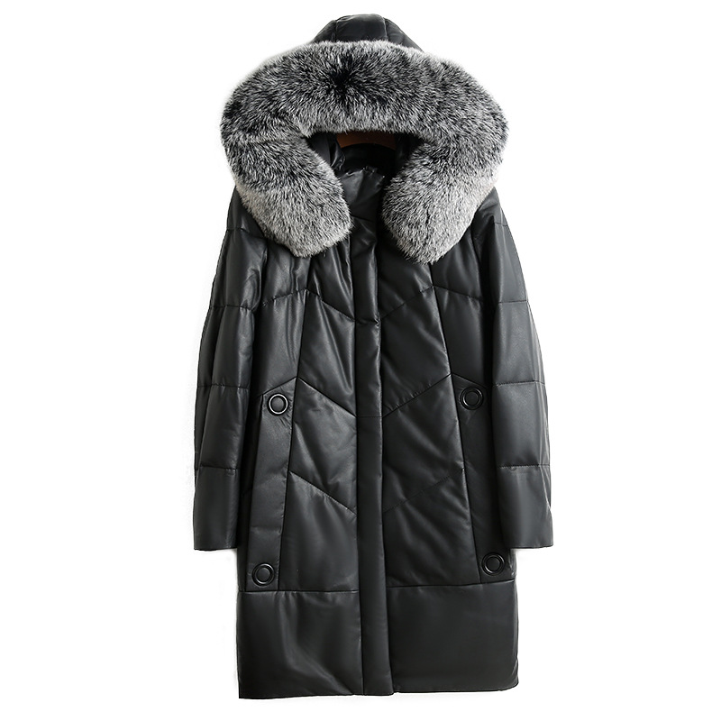 2019新款反季绵羊皮羽绒服女真皮中长款海宁皮衣狐狸毛领连帽外套