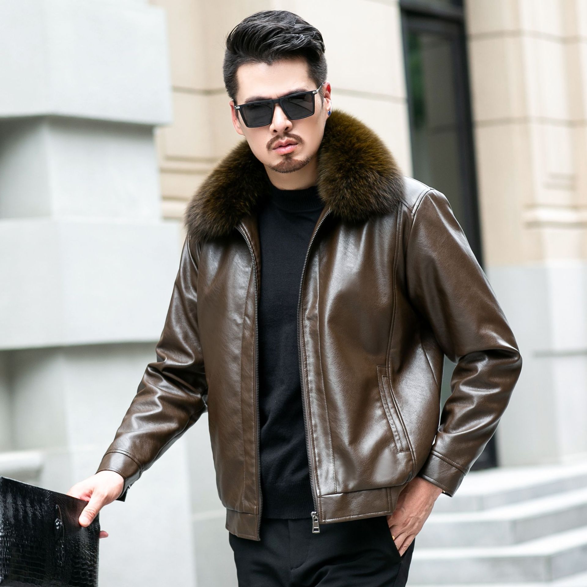 冬季新款可卸毛领皮衣男加绒加厚宽松大码休闲保暖皮夹克外套