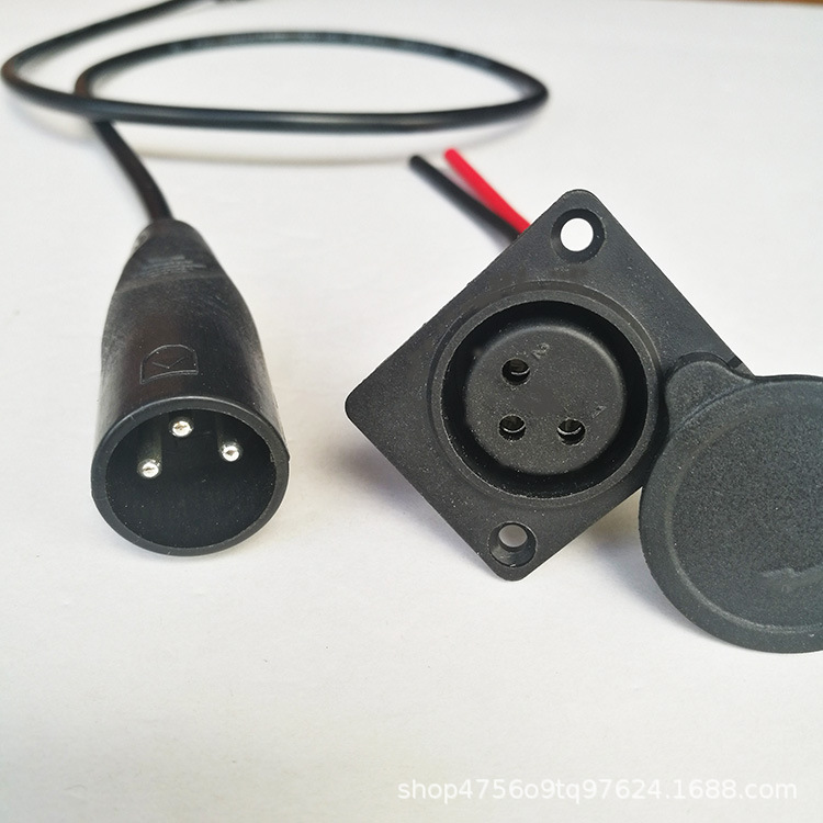 锂电36/48v电动车卡侬头圆孔带盖三芯充防水防尘电源接线头弯头线