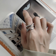 韩版S925纯银重工多圈缠绕交叉线条锆石镶钻开口戒指环