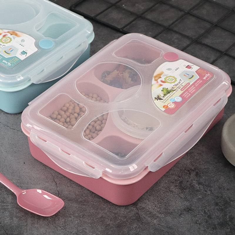 INS Japanese Style Cute Four-Grid Plastic Lunch Box Bento Box Children Adult Five-Grid Lunch Box Microwaveable Fast Food Box