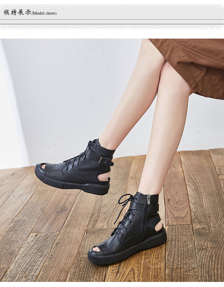 真皮鱼嘴马丁单靴女2019高帮短靴露趾软皮软底罗马女鞋系带单鞋潮