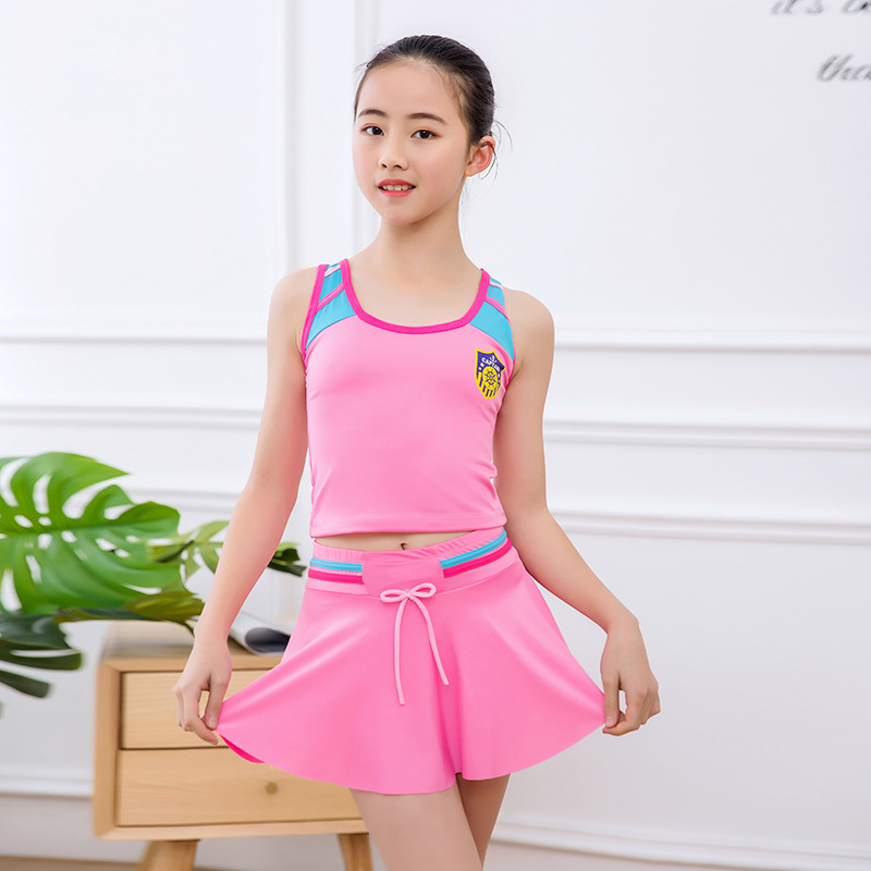 新款女童泳衣大童韩版分体裙式平角裤宝宝连体游泳衣学生少女泳装