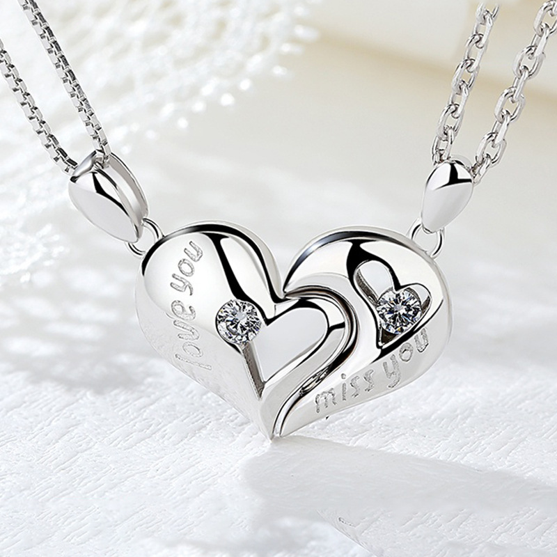 情侣项链心形吊坠一对925纯银饰品锁骨链纪念礼物心碎时定情信物