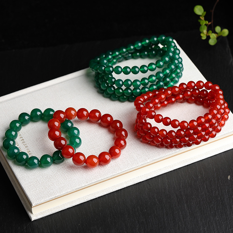 Jingyao 7A Red and Green Black Agate Single Ring Bracelet 6-14mm Three Rings 108 Beads Bracelet Men's and Women's Crystal Ornament