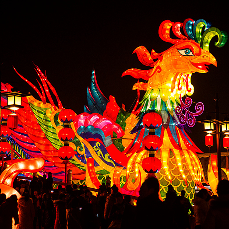 深圳厂家专业设计制作大凤凰花灯户外大型灯会梦幻灯光中秋节装饰