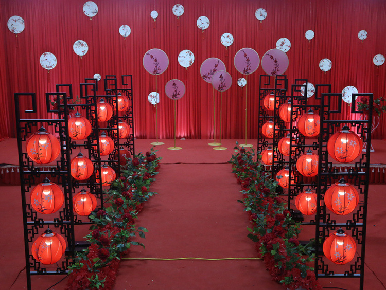 新款婚庆道具中式宫灯路引汉唐婚礼仿古铁艺三联灯笼路引