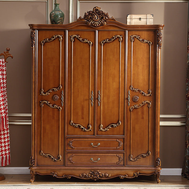 欧式实木手工雕刻衣柜四门大衣柜美式棕色储物衣柜高档柜卧室新款