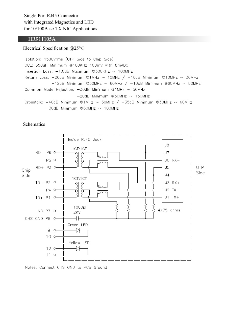 百兆hanrun hr911105a 汉仁 rj45 网口 带滤波变压器 带灯 21mm