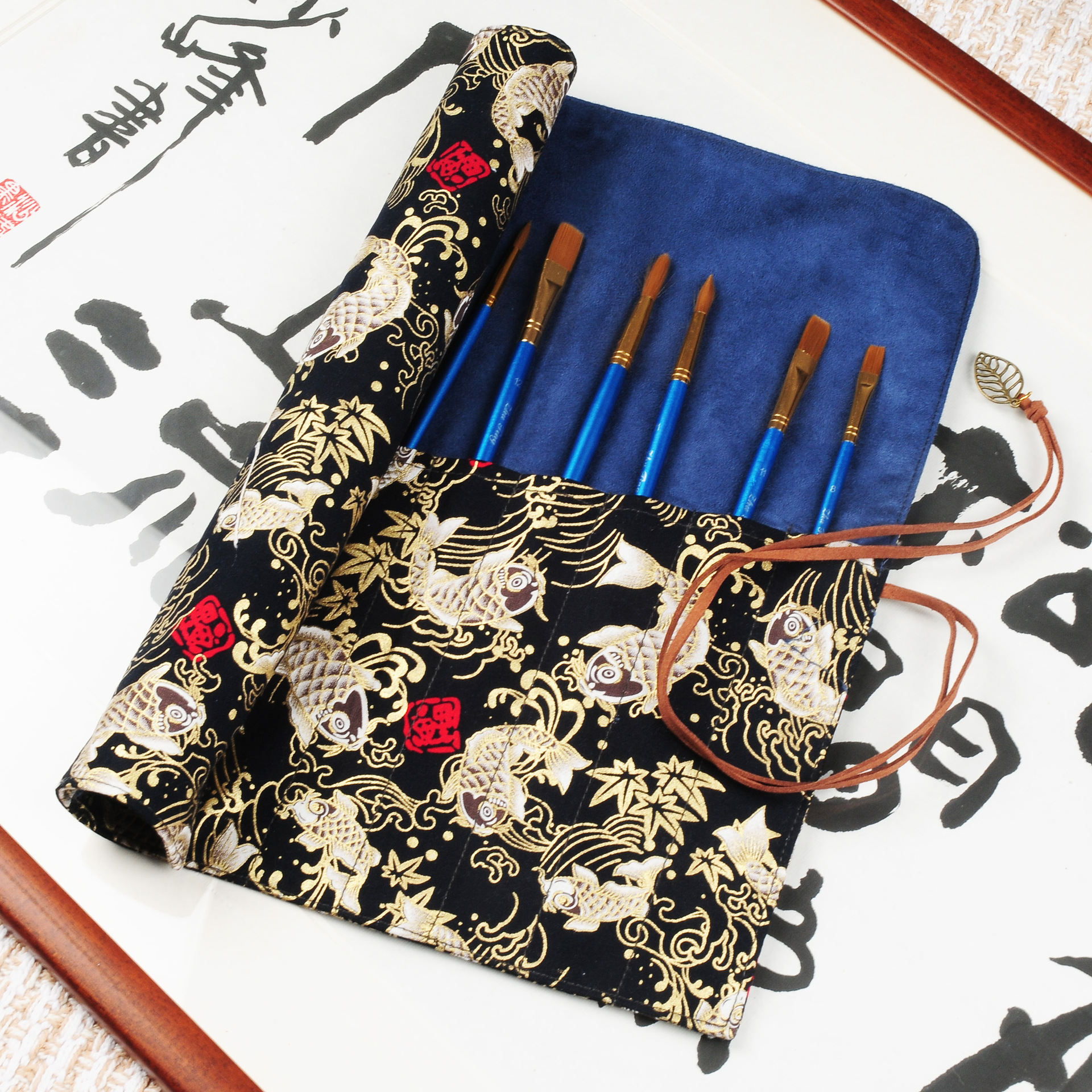 创意鲤鱼毛笔笔帘卷笔袋毛笔收纳文房四宝 绘画文具包书法国画